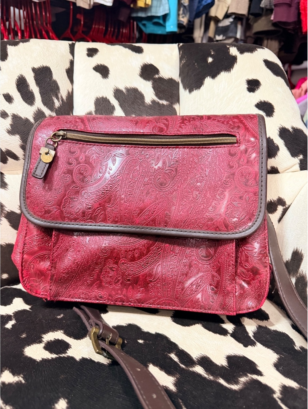 Relic Red Embossed Leather Crossbody Bag with Adjustable Strap